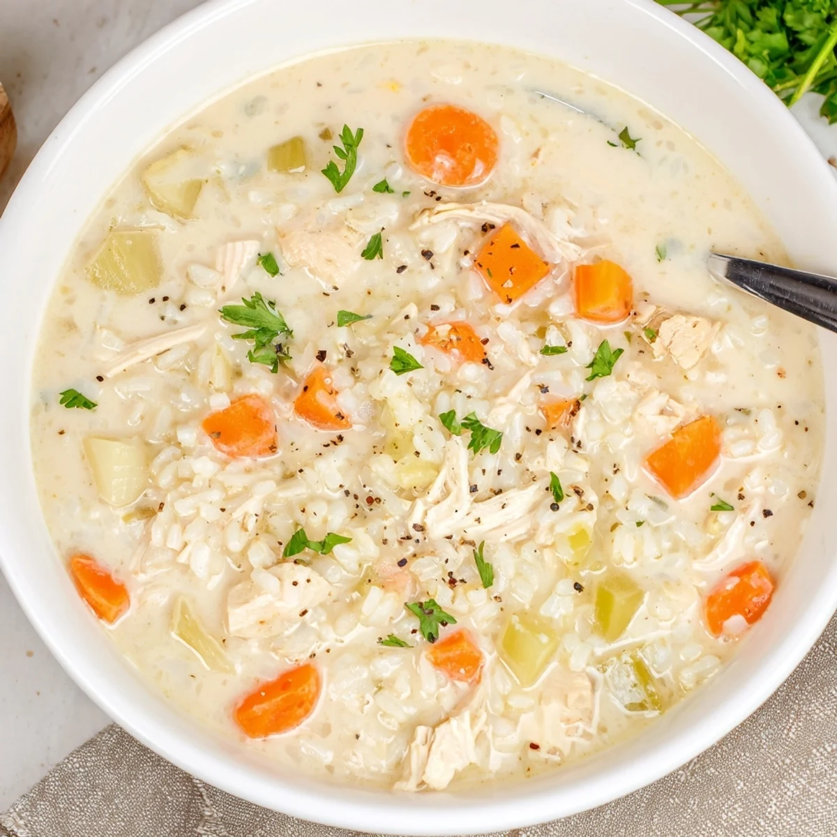 Creamy Chicken Rice Soup steaming in bowl, tender chicken and velvety broth