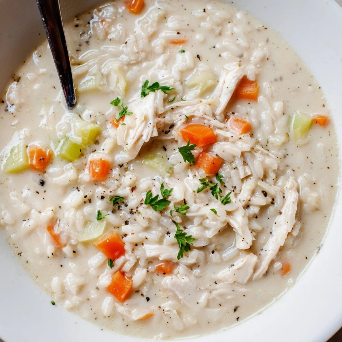 Late-night cozy spoonful of Creamy Chicken Rice Soup, warm rice and carrots