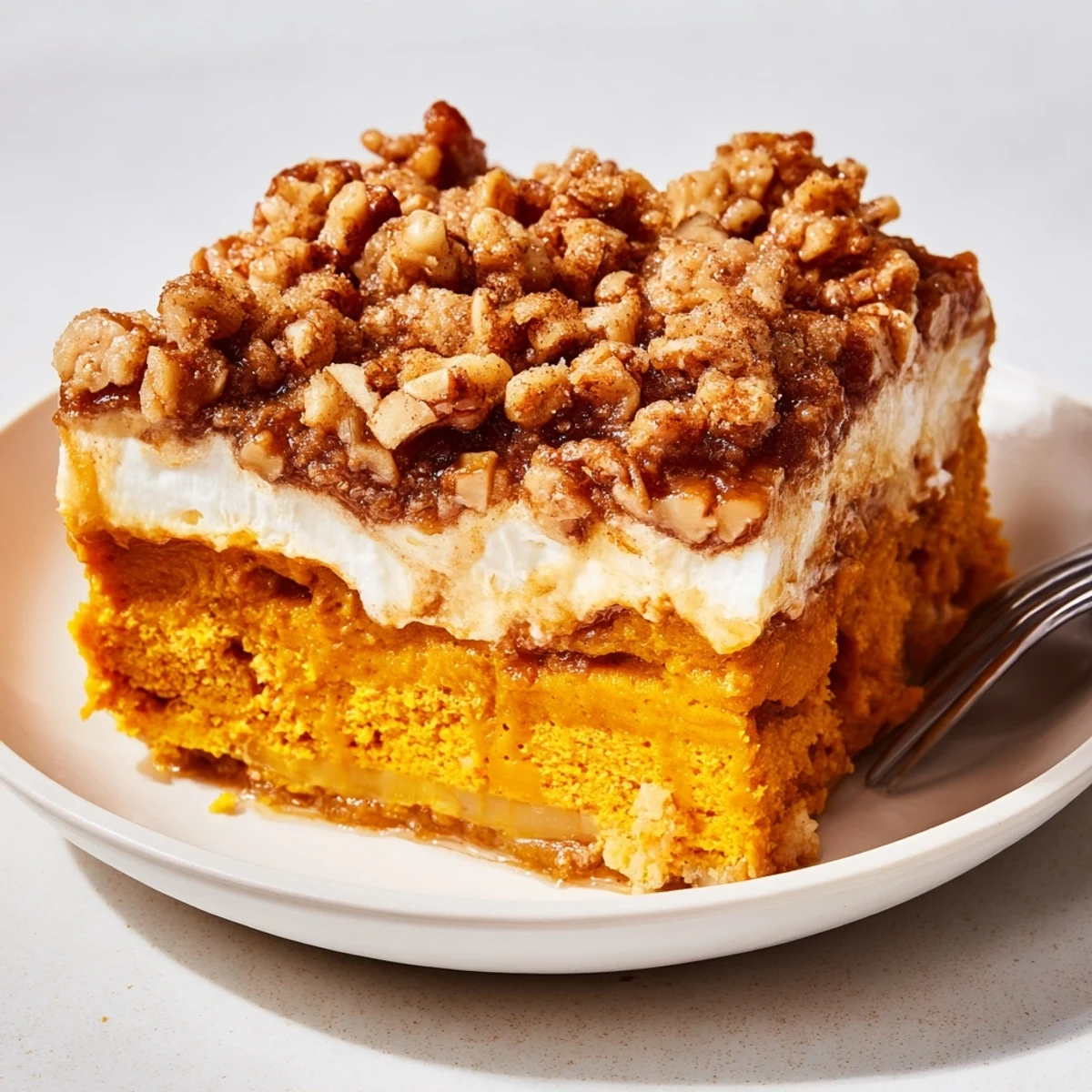 Pumpkin Dump Cake with golden pecan topping, warm and fluffy slices