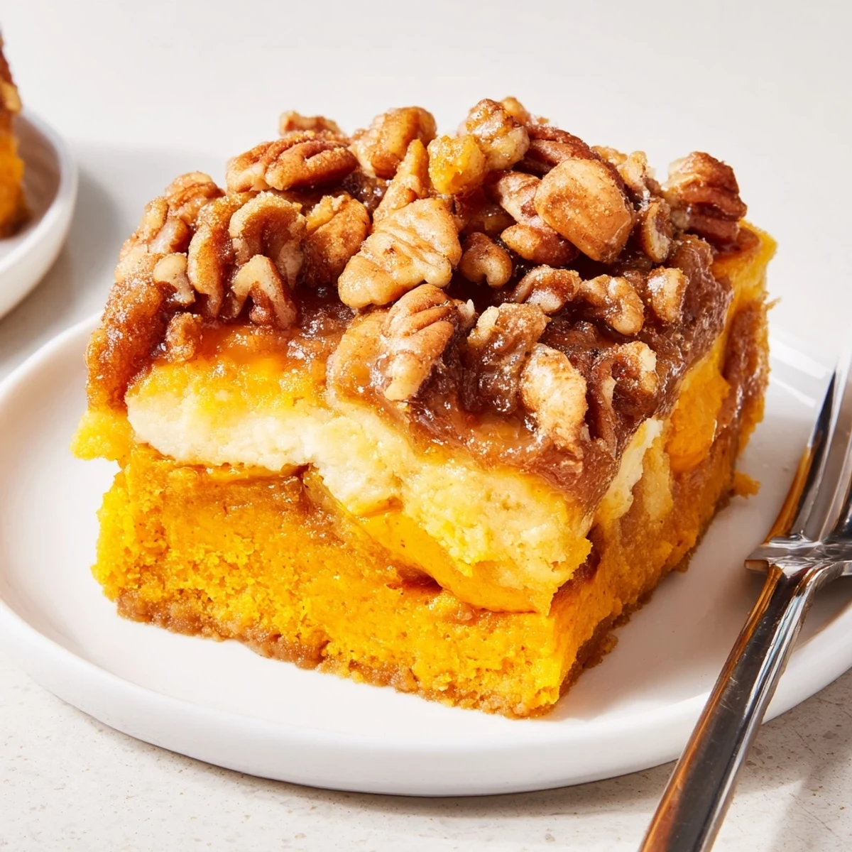 Sliced Pumpkin Dump Cake steaming slightly, topped with melting vanilla ice cream