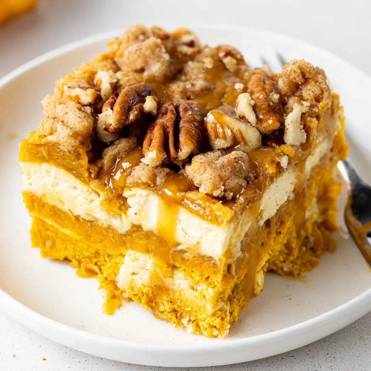 Rustic Pumpkin Dump Cake fresh from oven in 9x13 pan, buttery aroma