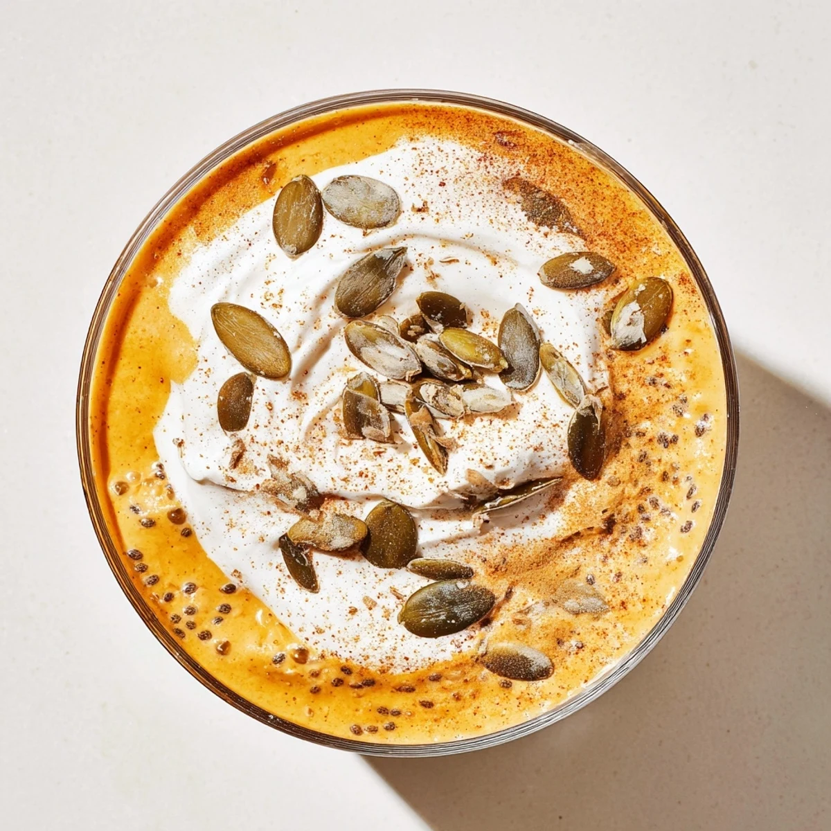 Glass of creamy pumpkin chia refreshment topped with whipped cream and toasted pumpkin seeds