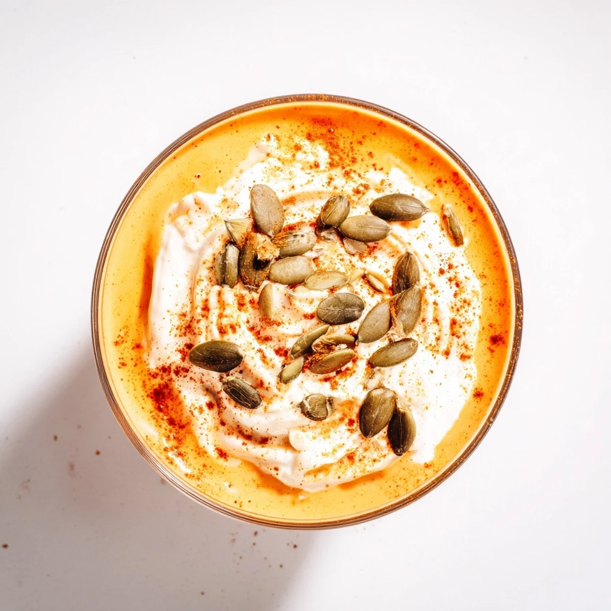 Velvety pumpkin chia drink spiced with cinnamon and garnished with coconut cream for autumn