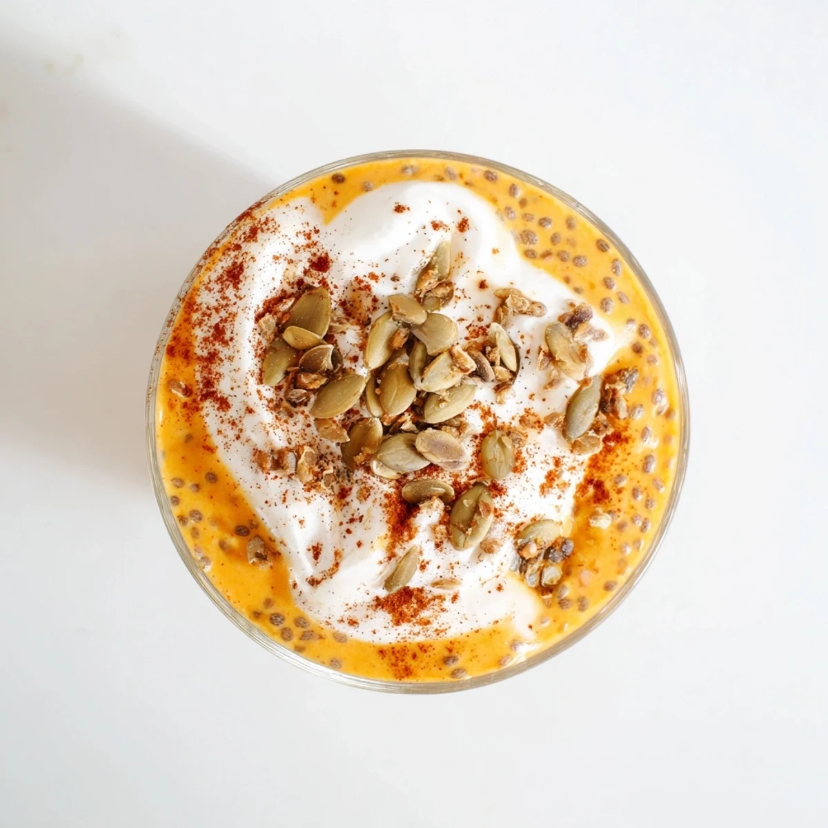 Chilled pumpkin chia beverage in a clear glass with dusting of ground cinnamon topping