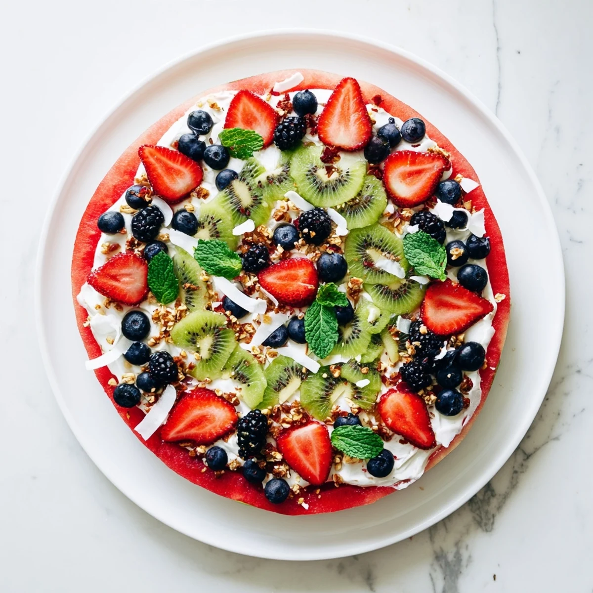 Colorful watermelon pizza topped with creamy Greek yogurt and fresh summer berries arranged on a round slice