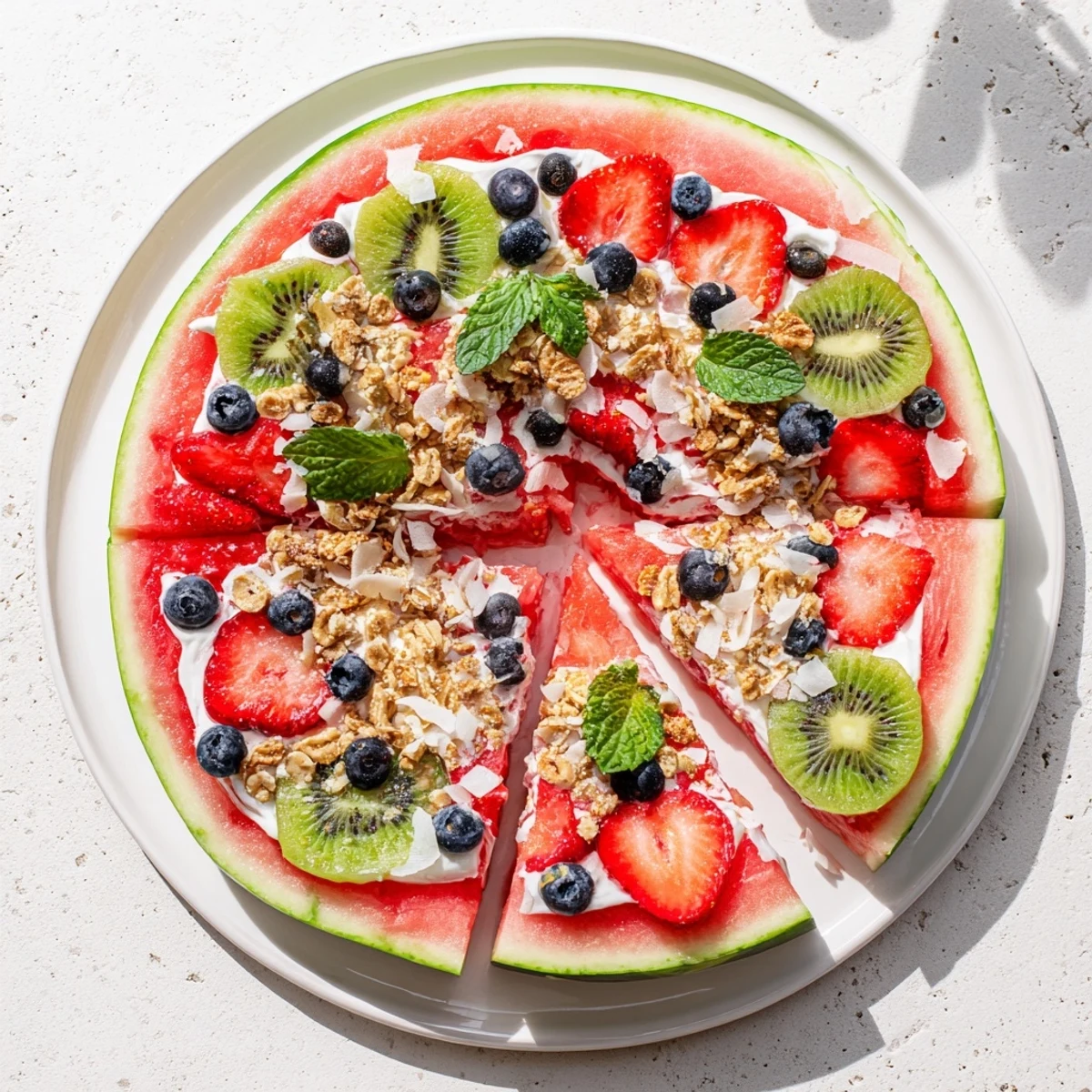 Vibrant watermelon pizza garnished with mint leaves, shredded coconut, and granola on a thick watermelon base