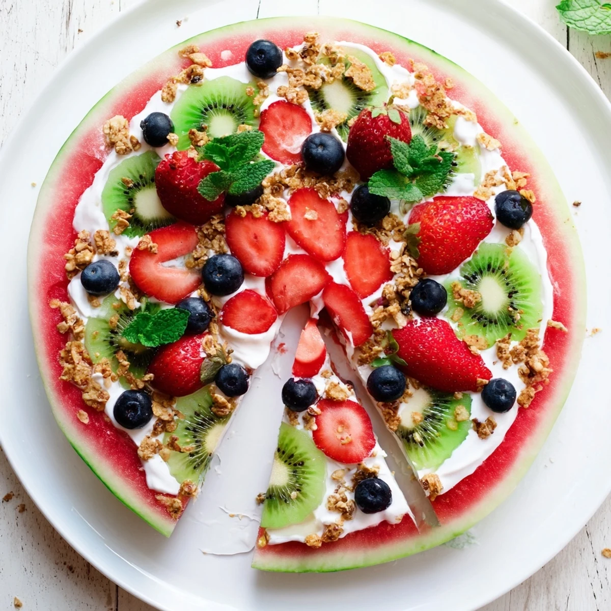 Refreshing watermelon pizza dessert featuring sliced kiwi, strawberries, and blueberries over vanilla yogurt spread on juicy fruit