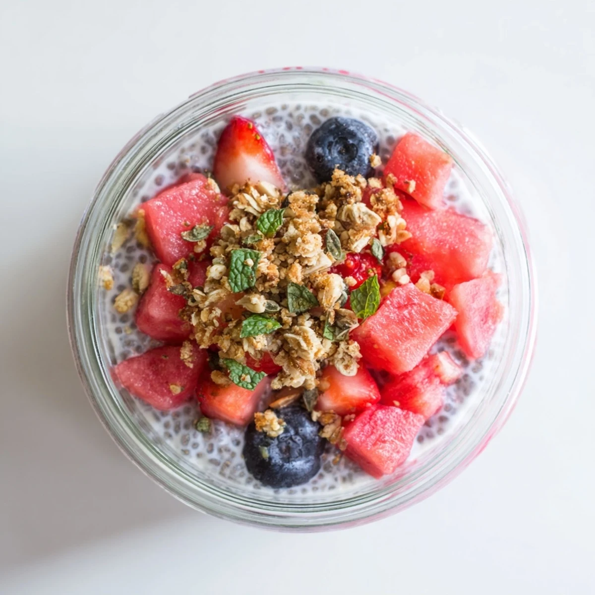 Fresh watermelon chia parfait layered in clear glass with vibrant red fruit and creamy vanilla pudding topping