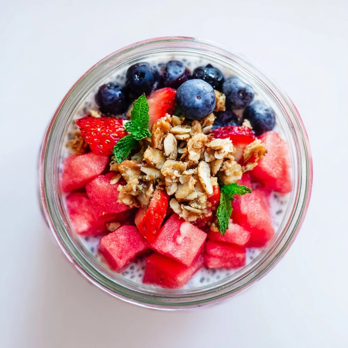 Refreshing watermelon chia parfait dessert with granola crunch and fresh mint leaves layered in mason jars