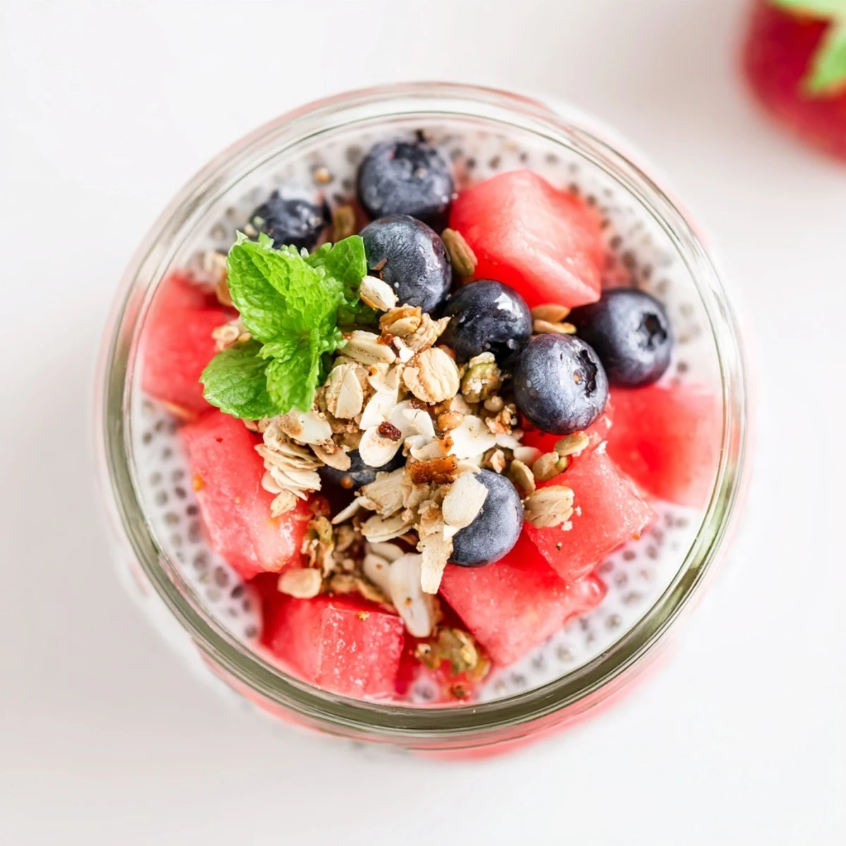 Colorful parfait glasses filled with juicy watermelon chunks, thick chia pudding, and mixed summer berry garnish