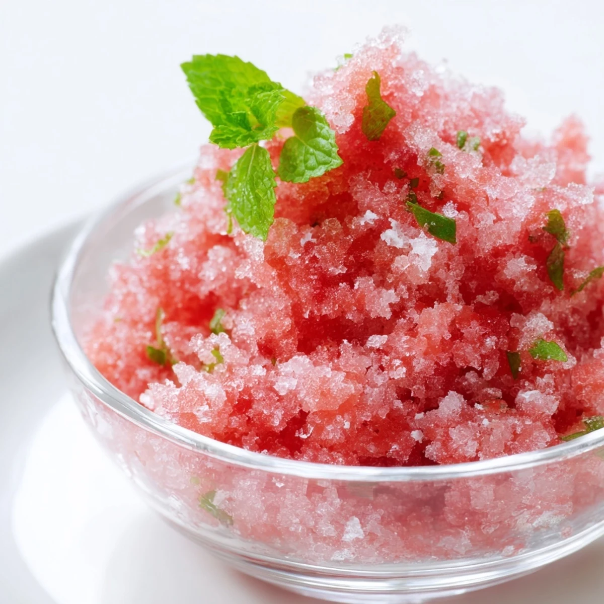 Icy watermelon granita texture scraped into crystals with lime zest sprinkled on top for refreshing dessert