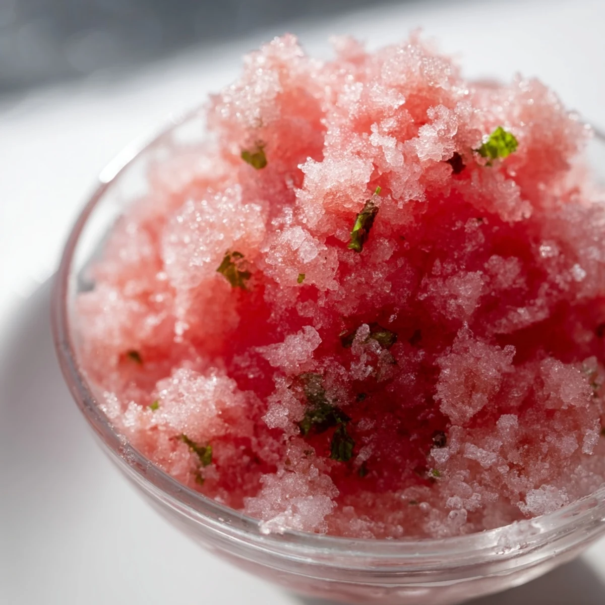 Fluffy pink watermelon granita served in chilled glass bowls with fresh mint garnish on summer table