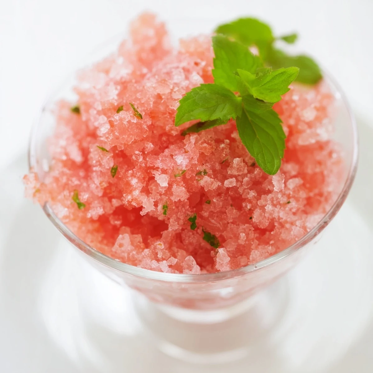 Bright pink watermelon granita scooped into decorative glasses showing fluffy ice crystals on white serving dish