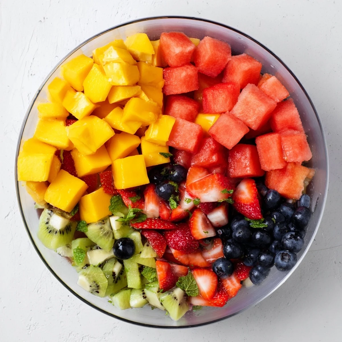 Colorful bowl of juicy summer fruit salad drizzled with refreshing citrus-mint syrup
