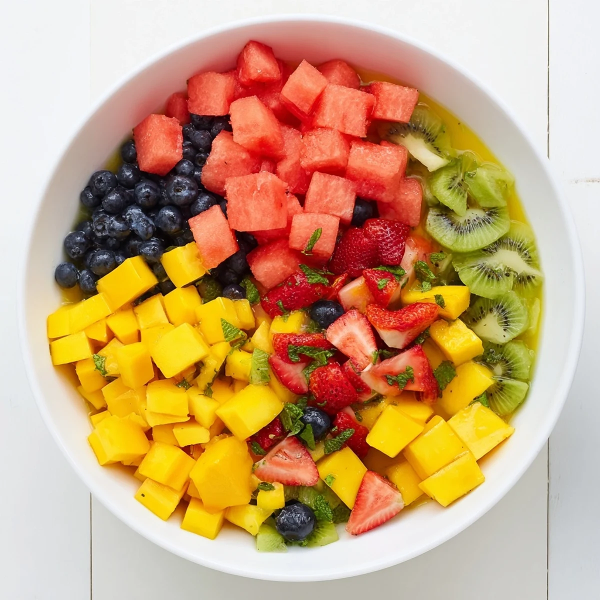 Fresh summer fruit medley tossed in zesty lime orange dressing and fresh mint