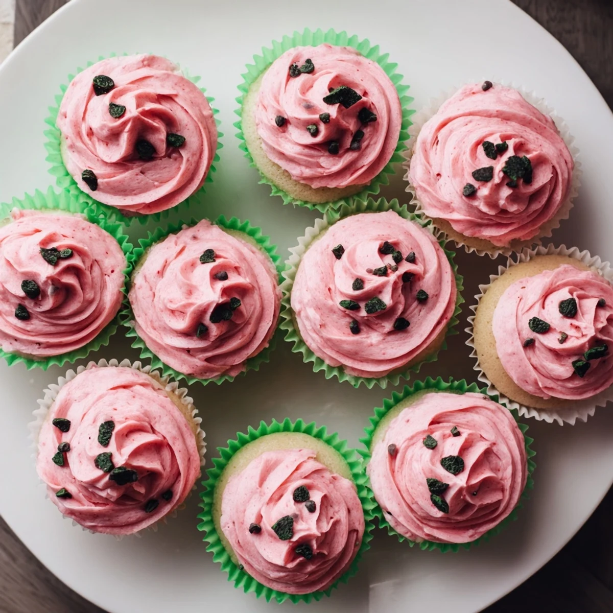 Pink frosted watermelon cupcakes topped with chocolate chip seeds on a white plate