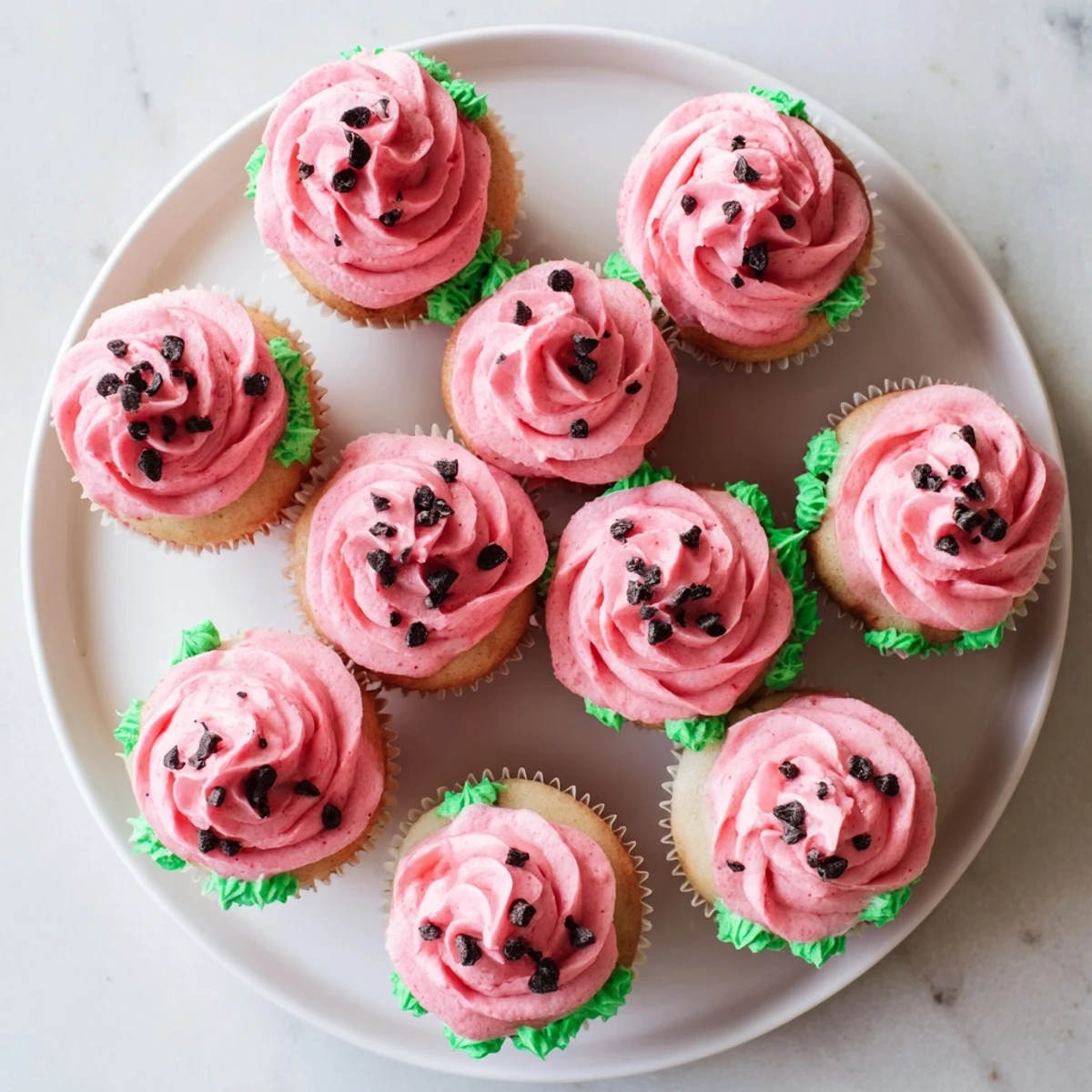 Moist watermelon cupcakes with fluffy pink frosting and chocolate seed decoration summer dessert