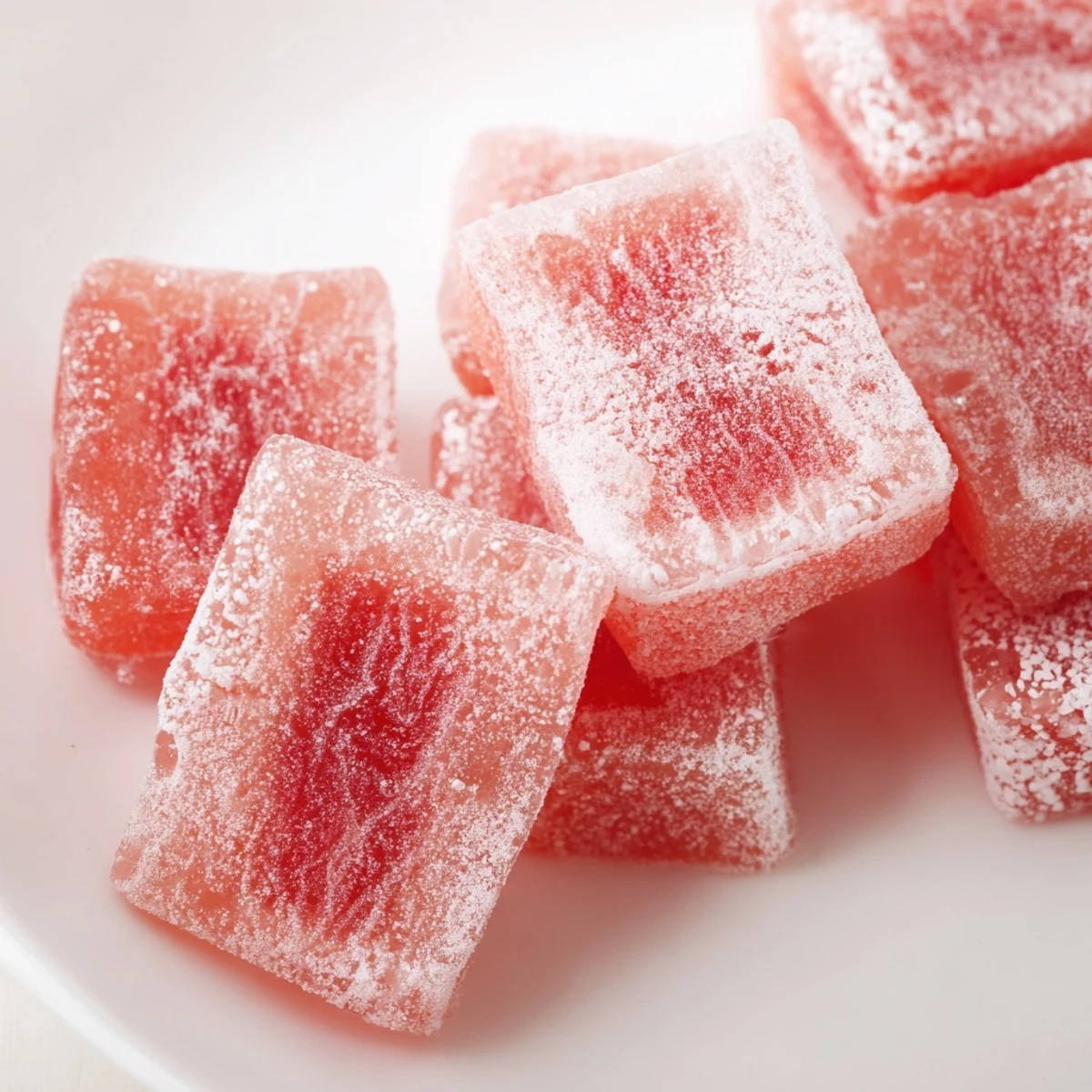 Homemade sour watermelon fruit chews coated in tangy citric acid sugar mixture
