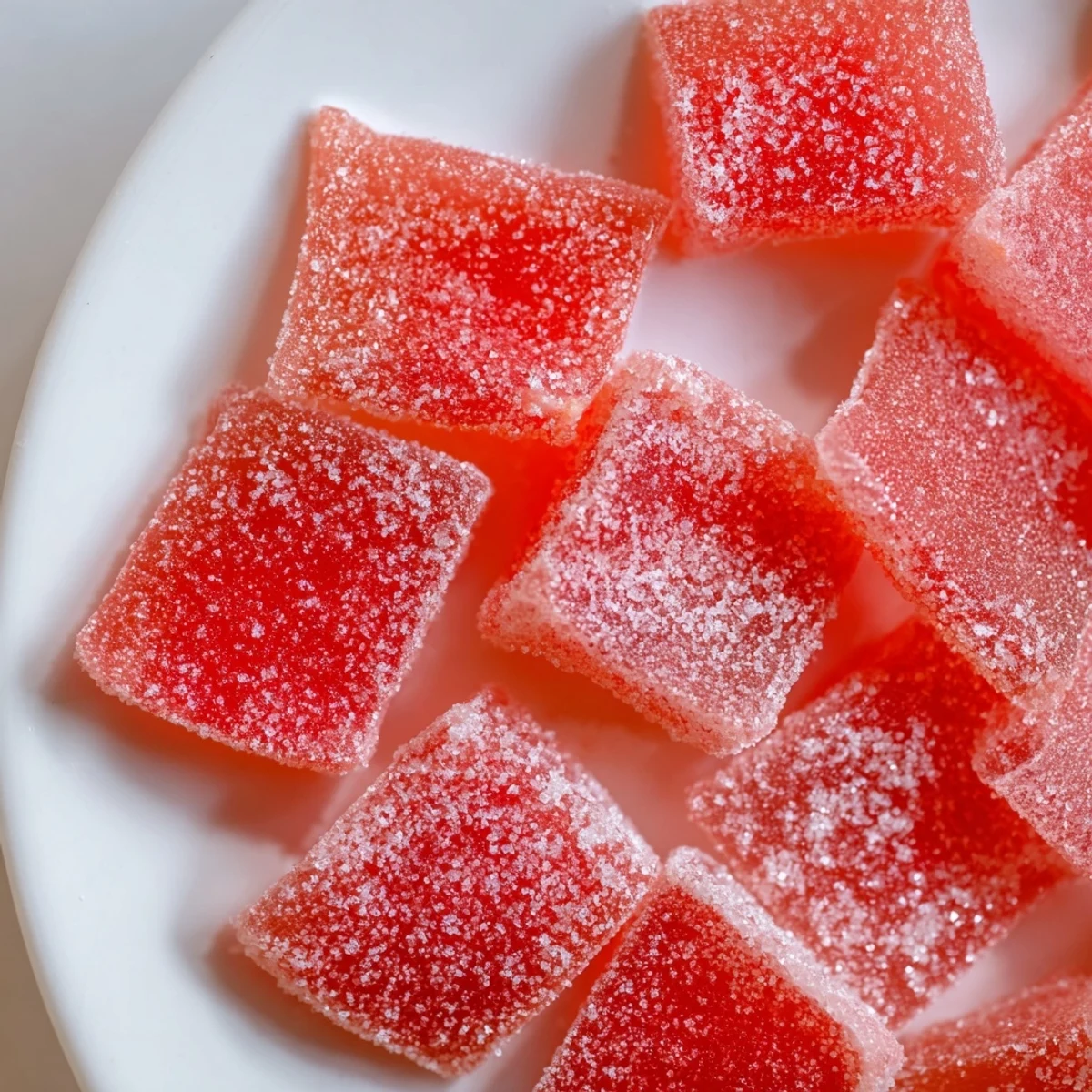 Chewy pink watermelon candies dusted with sour sugar for a tangy sweet treat