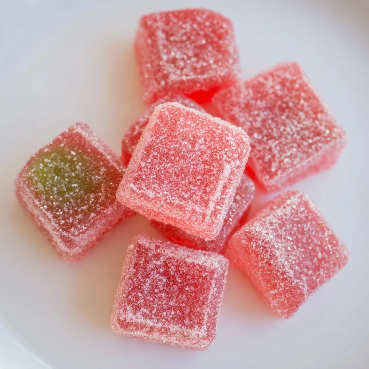 Bright pink sour watermelon fruit chews arranged on white parchment paper ready for serving