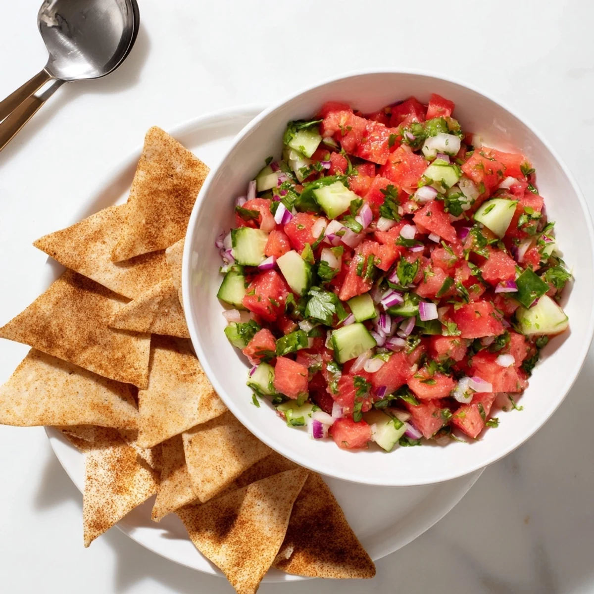 Fresh watermelon salsa with cucumber and cilantro served alongside warm cinnamon sugar tortilla chips