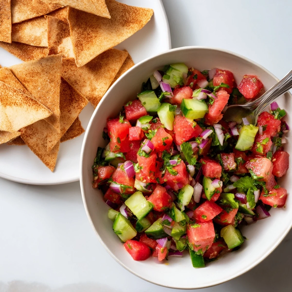 Vibrant bowl of chunky watermelon salsa dotted with red peppers and onion, garnished with herbs