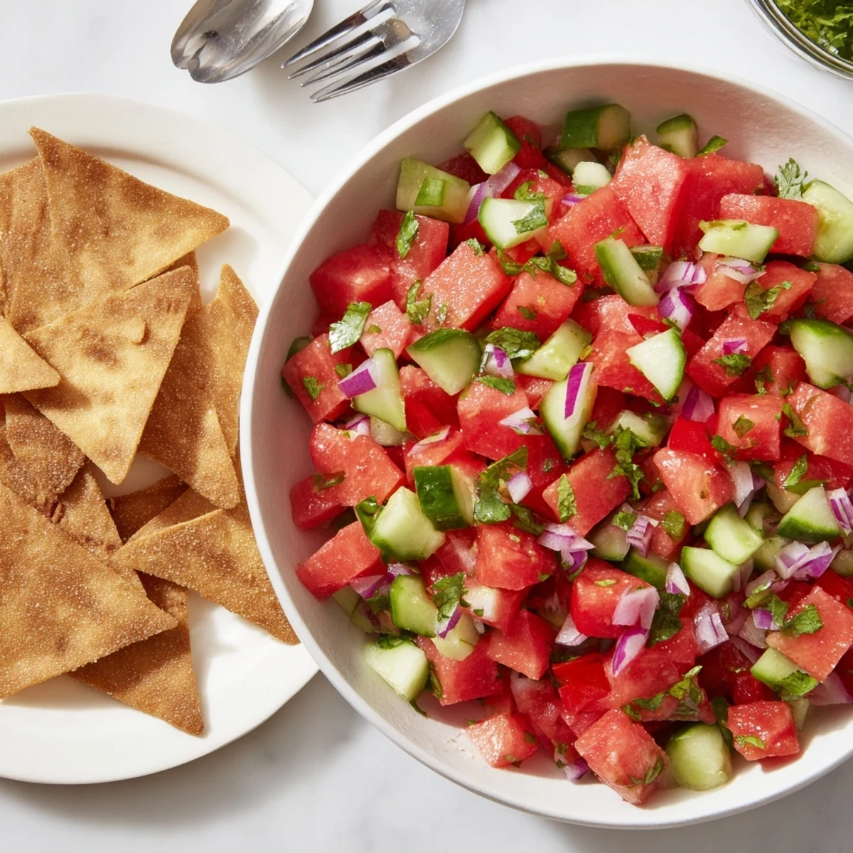 Golden cinnamon-dusted tortilla chips arranged next to a colorful mix of juicy watermelon and crisp vegetables