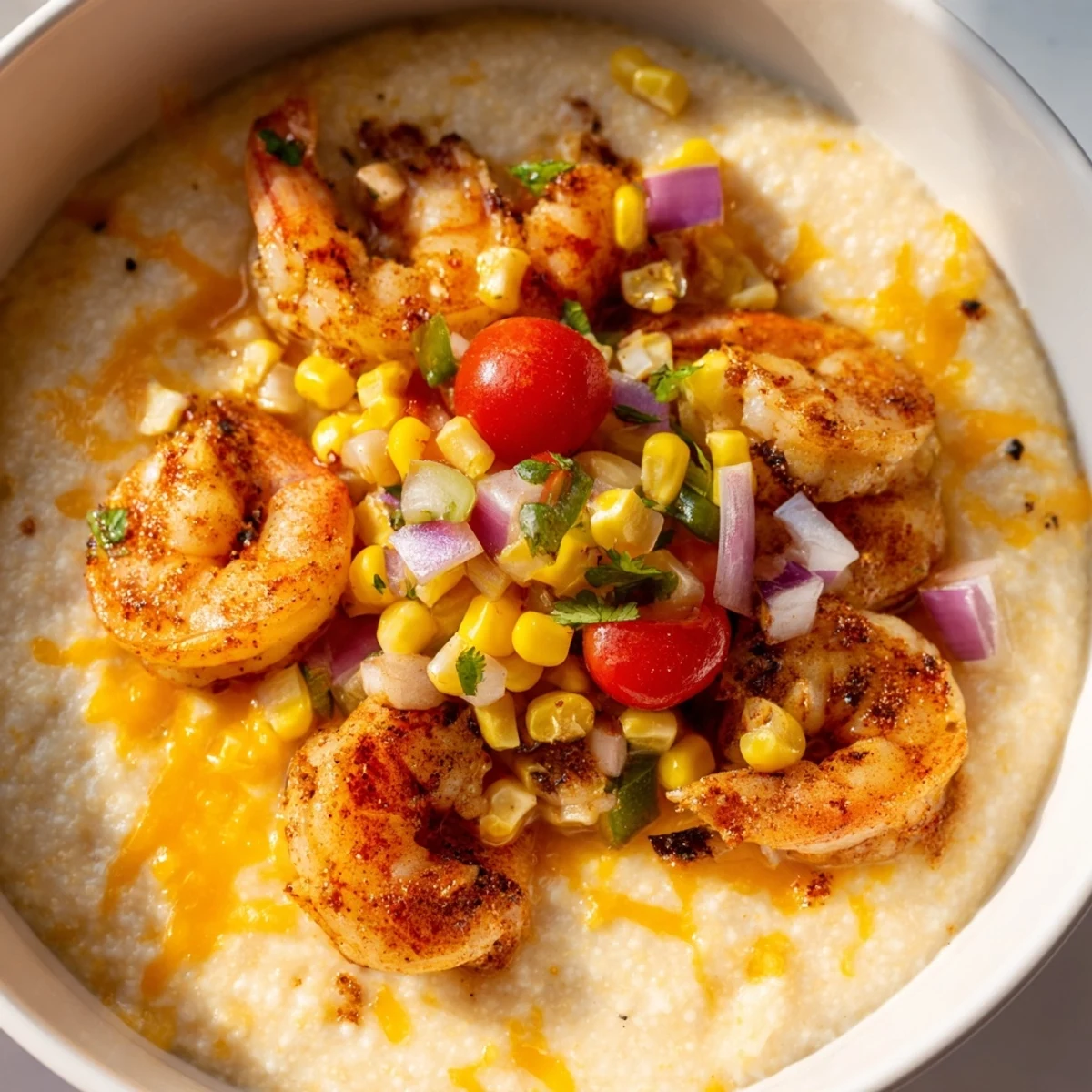 Golden bowl of shrimp grits with corn salsa featuring plump seared shrimp over cheddar grits