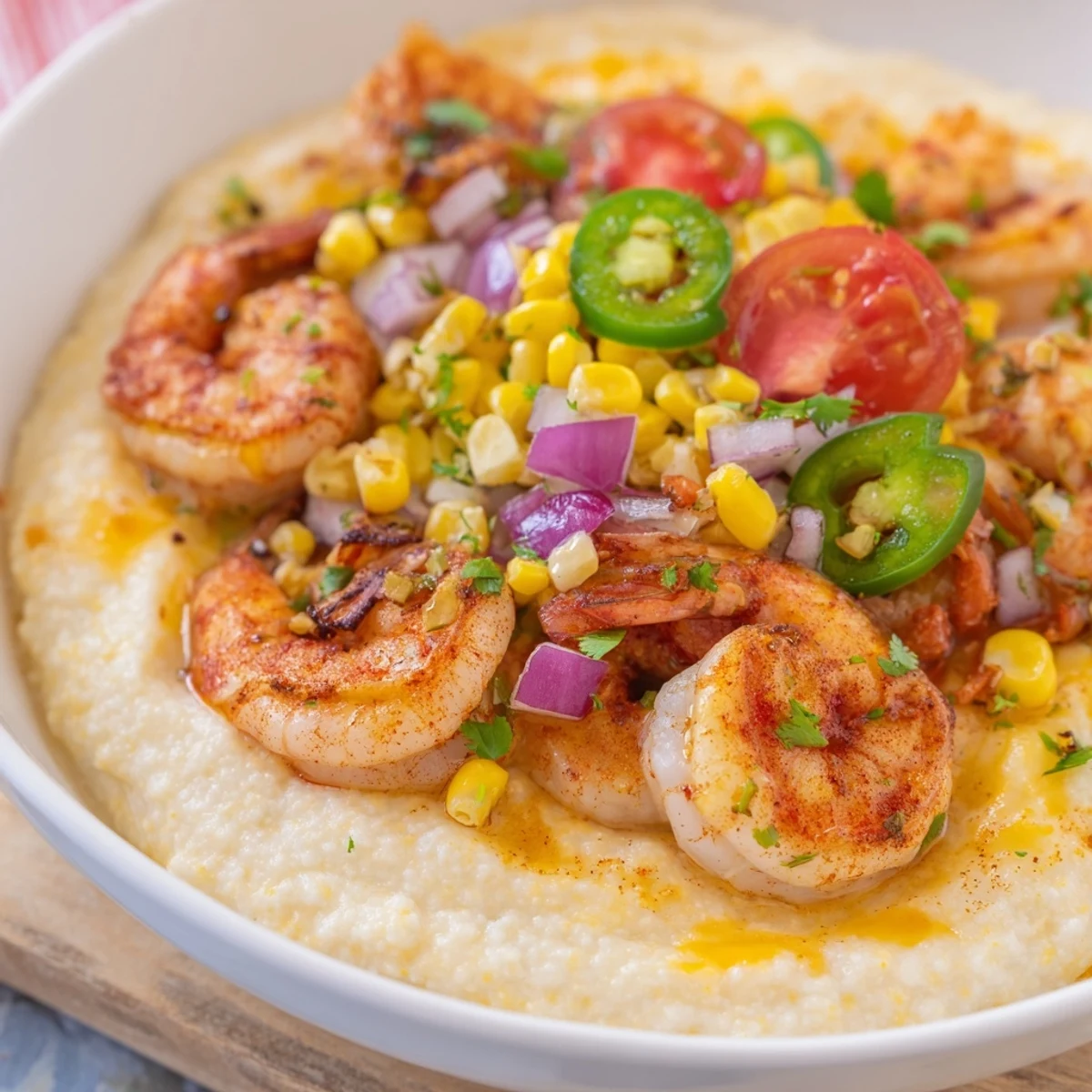 Creamy shrimp grits topped with spiced shrimp and fresh corn salsa in a rustic bowl