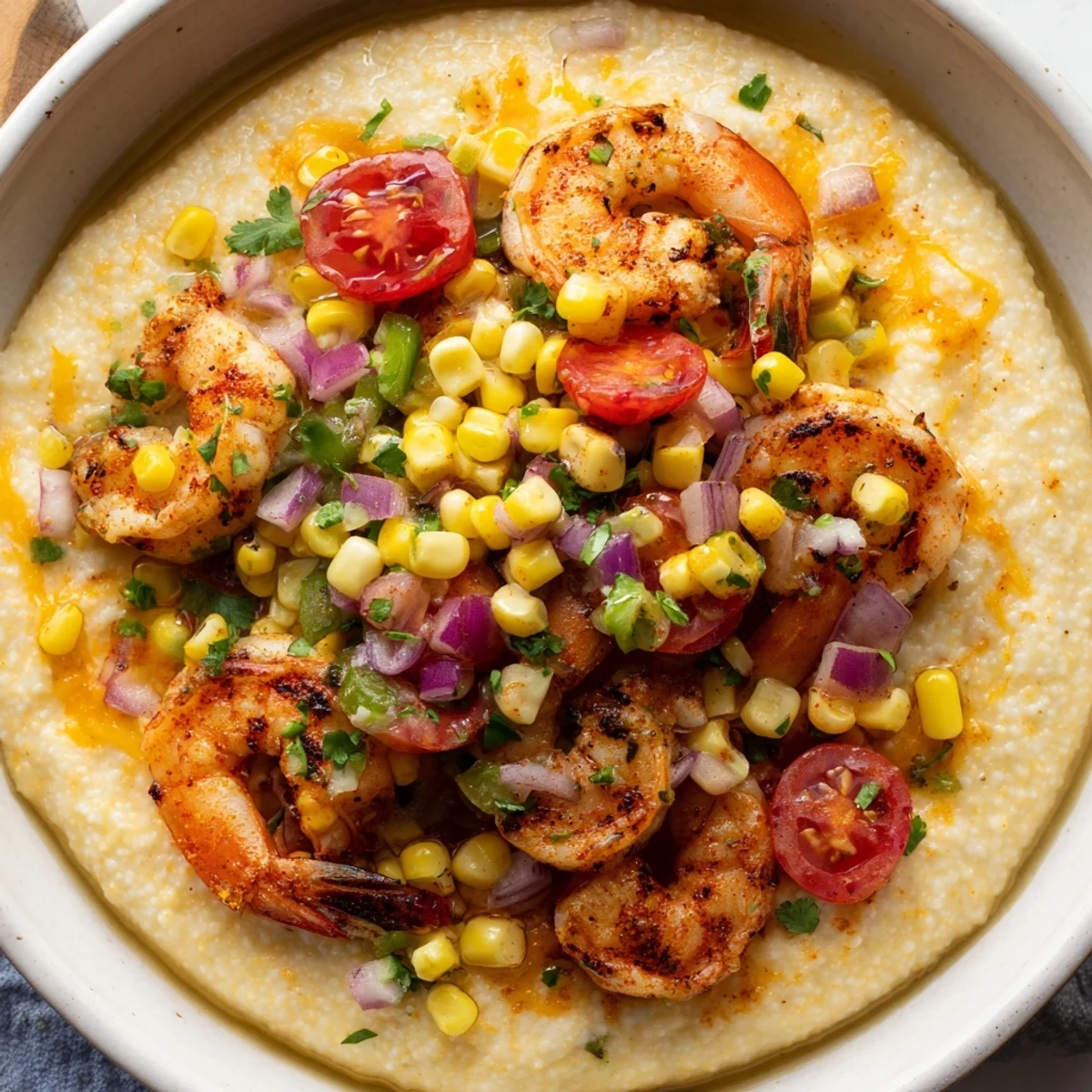 Southern shrimp grits with corn salsa displaying juicy shrimp nestled on cheesy grits with vibrant toppings