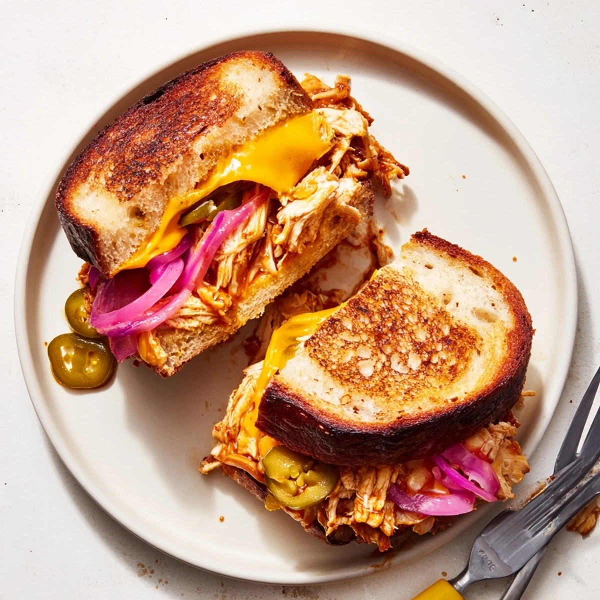 Golden BBQ chicken grilled cheese sandwich with melted cheddar on sourdough bread