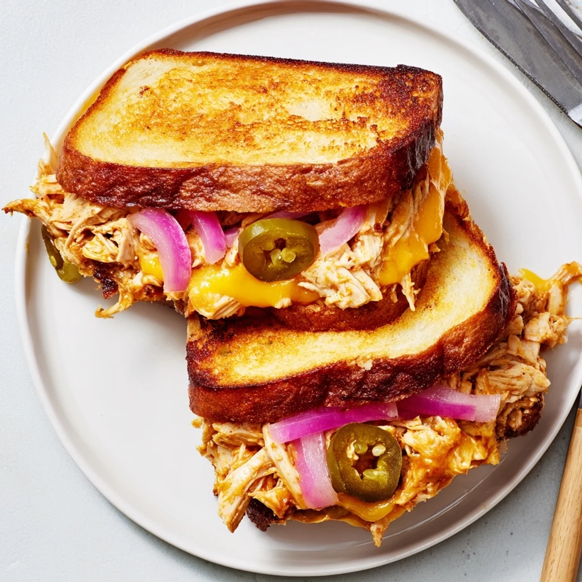 Savory BBQ chicken grilled cheese oozing with melted cheese and crispy sourdough edges