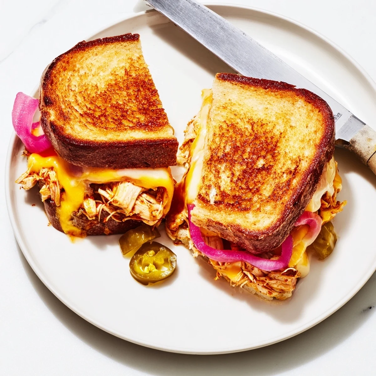 Delicious grilled cheese sandwich piled high with smoky BBQ chicken and gooey cheese