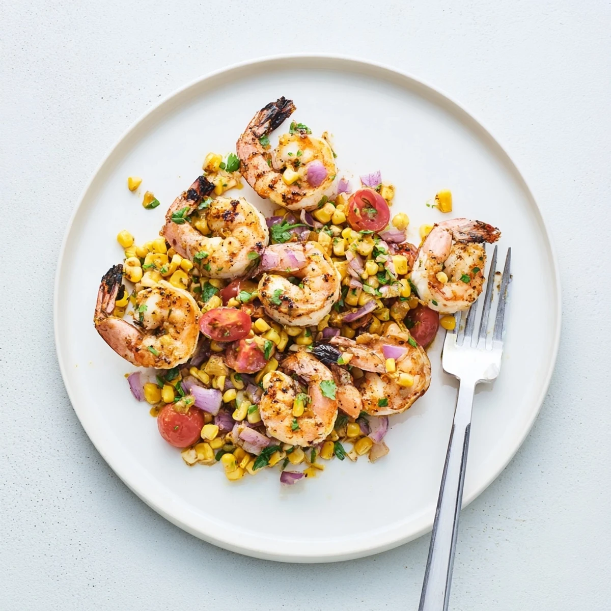 Golden grilled smoky charred shrimp with corn salsa plated on white dish