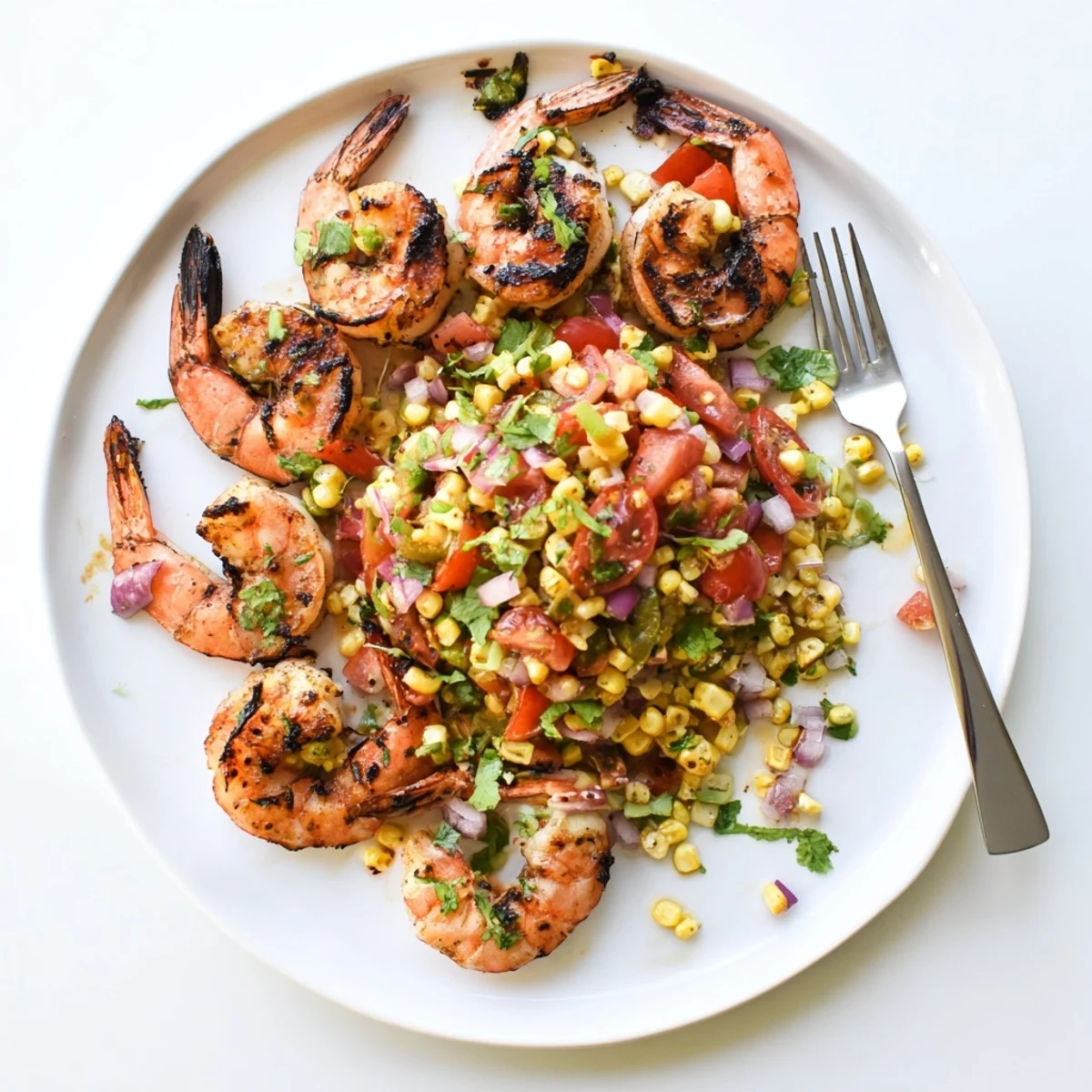 Spicy paprika rubbed shrimp over colorful charred corn salsa with fresh cilantro