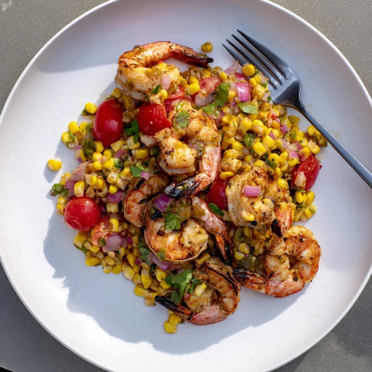 Perfectly grilled shrimp skewers atop vibrant corn tomato salsa with lime wedges