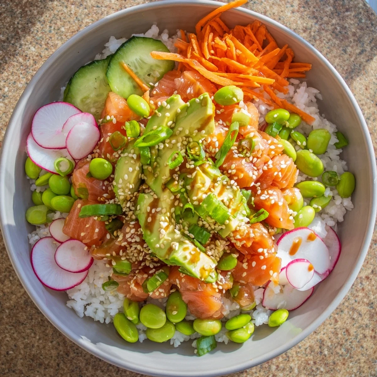 Colorful salmon and avocado poke bowl with fresh vegetables over seasoned rice