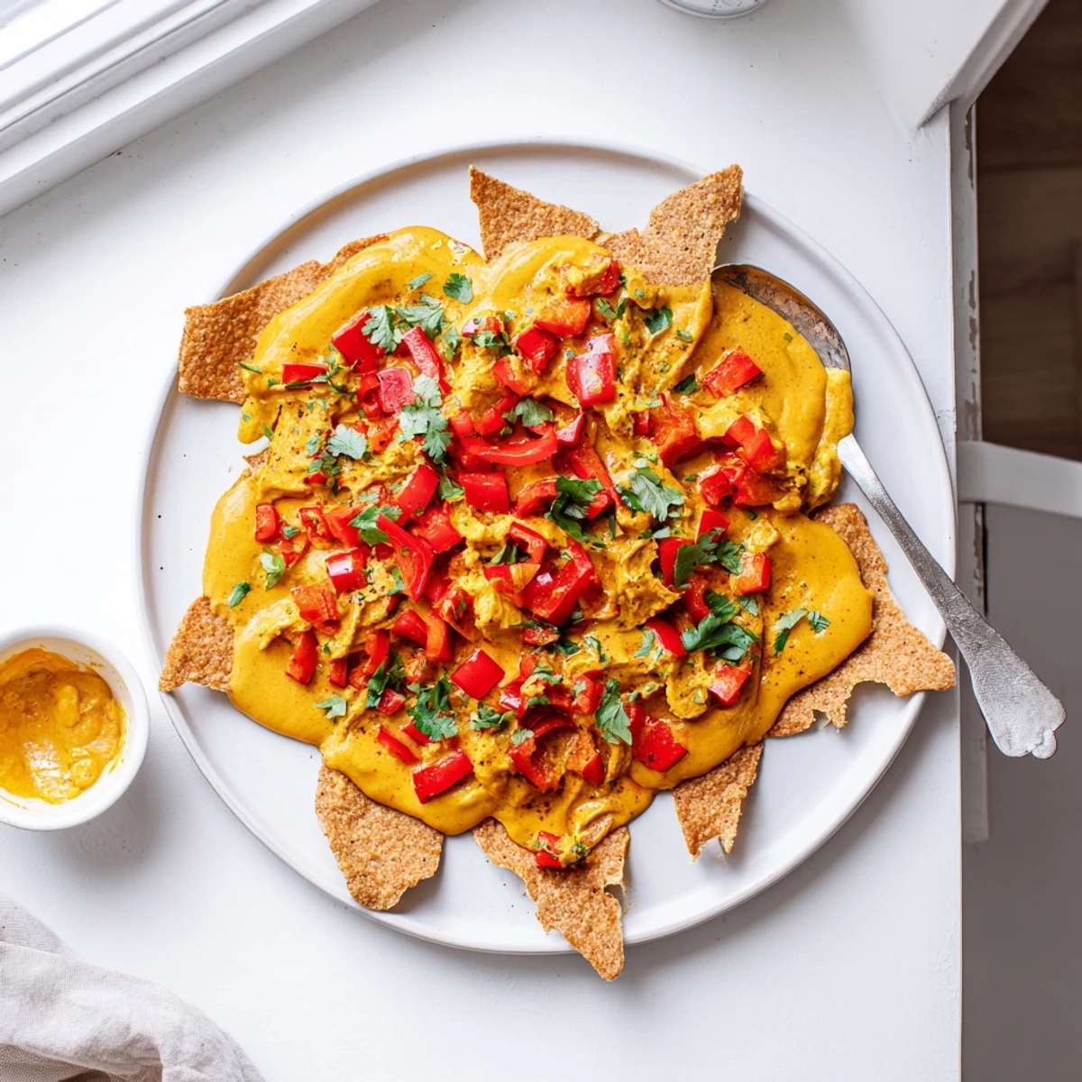 Creamy vegan nacho cashew cheese sauce served in a bowl with colorful vegetable crudités for dipping