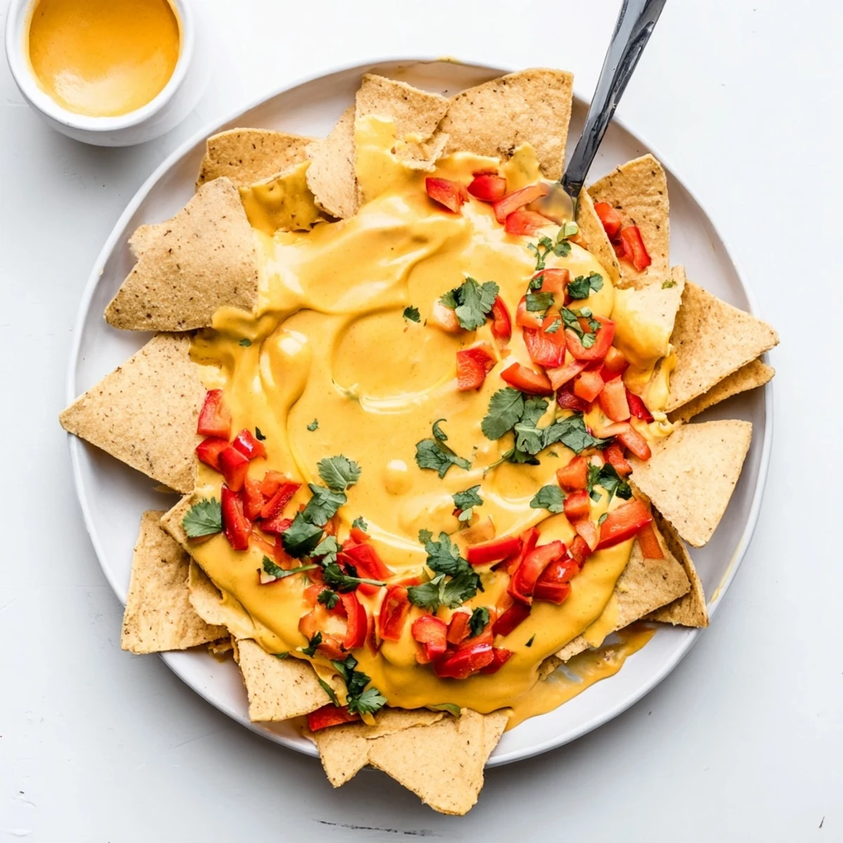 Golden nacho cashew cheese sauce drizzled over crispy tortilla chips with fresh jalapeño slices