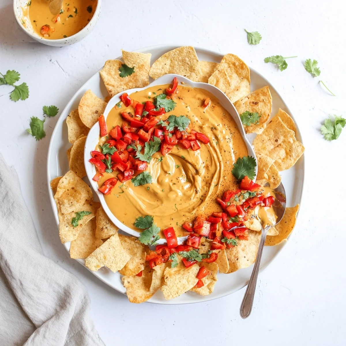 Smooth dairy-free nacho cashew cheese sauce poured generously over loaded nachos with black beans and tomatoes