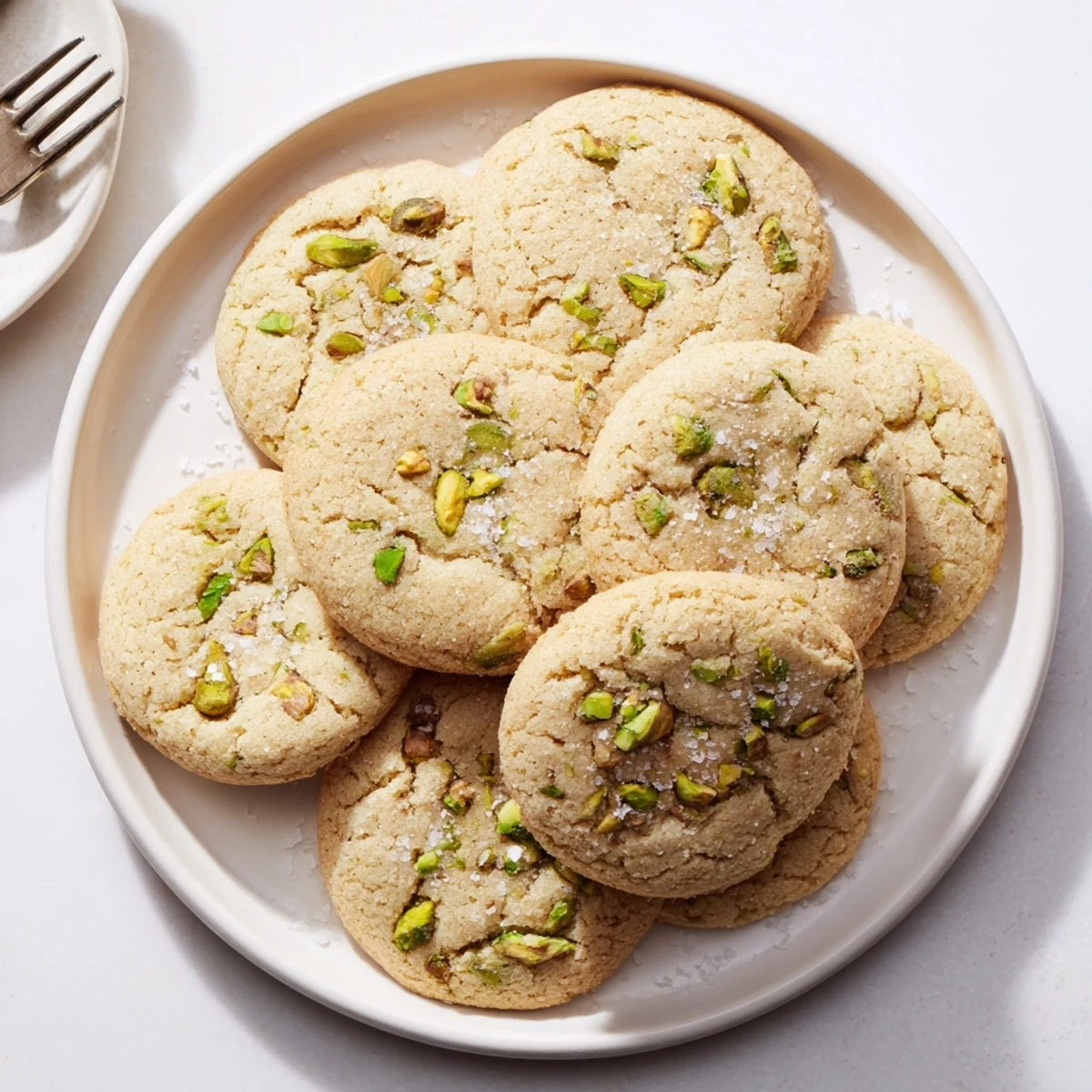 Golden brown salted honey pistachio cookies topped with flaky sea salt on a wire cooling rack