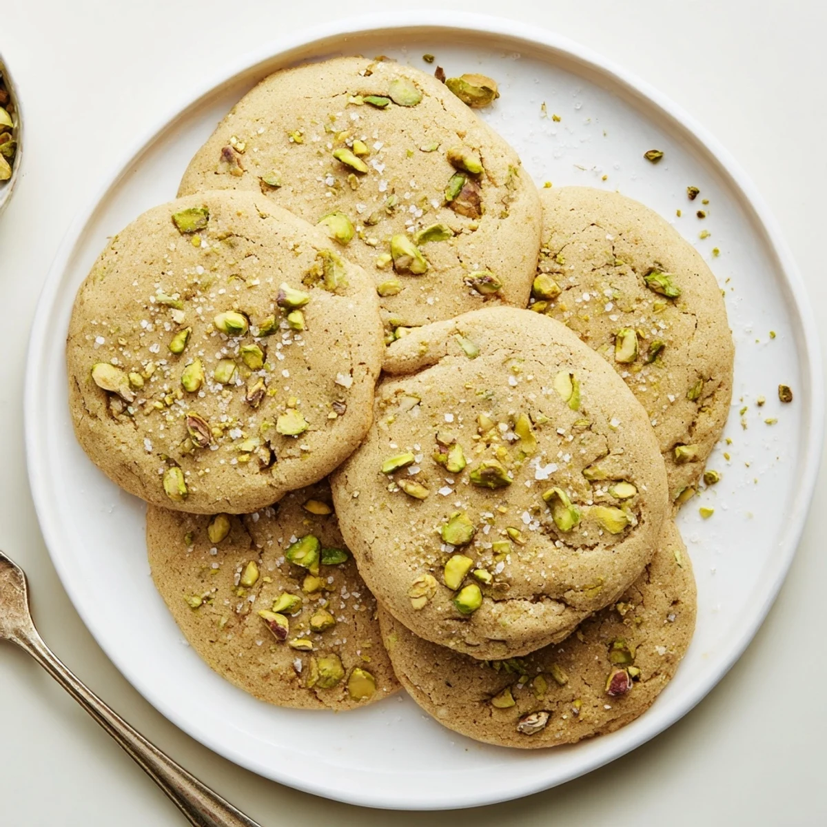 Soft chewy salted honey pistachio cookies studded with green nuts and honey drizzle on wooden board