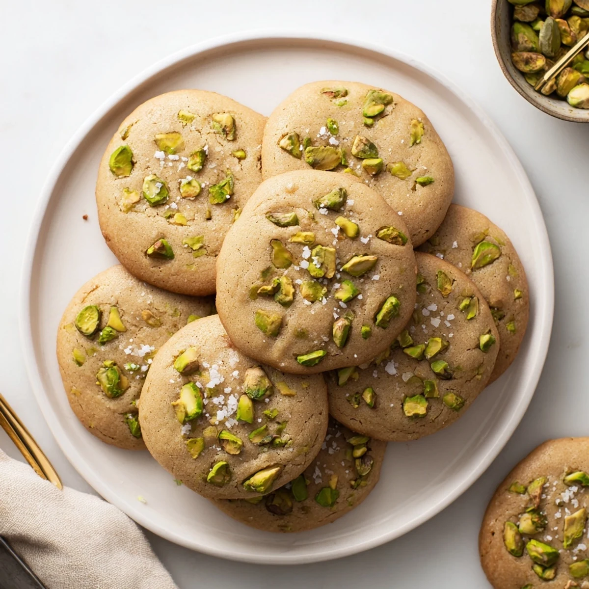 Freshly baked salted honey pistachio cookies with golden edges and crunchy pistachio pieces on baking sheet