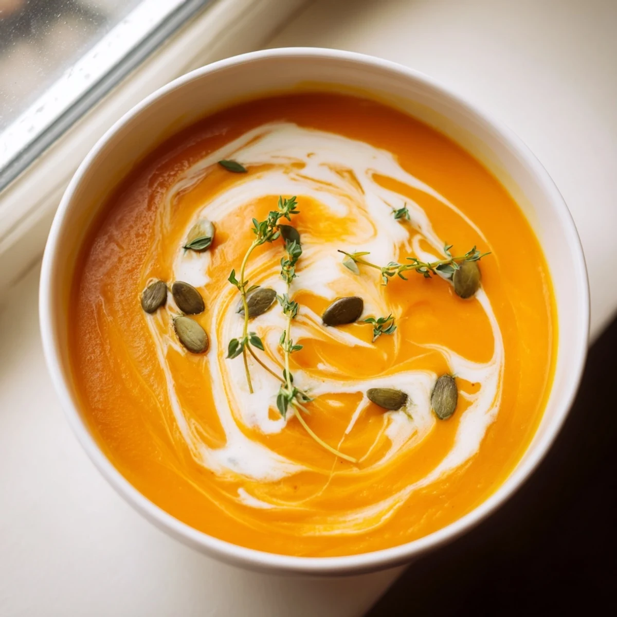Golden bowl of roasted butternut squash soup garnished with fresh thyme and toasted pumpkin seeds