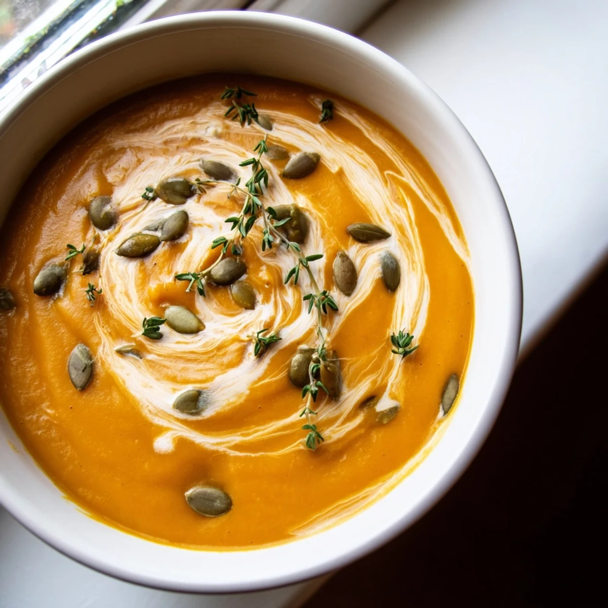Creamy butternut squash soup featuring caramelized roasted vegetables blended into a velvety smooth texture