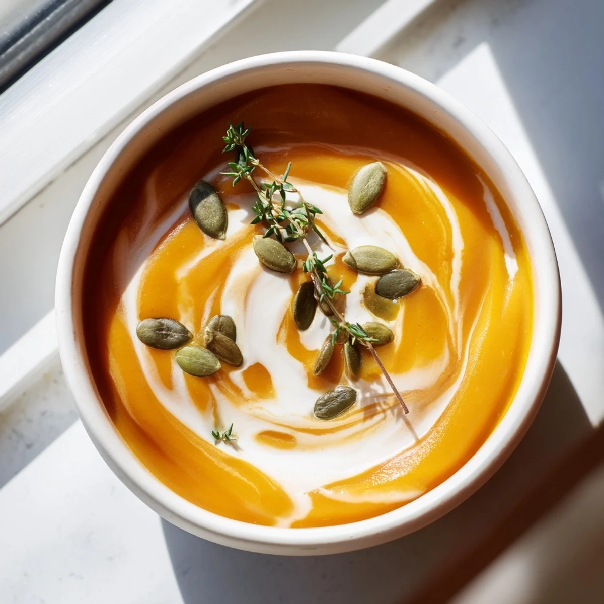 Steaming homemade butternut squash soup topped with cream swirl and vibrant green thyme leaves