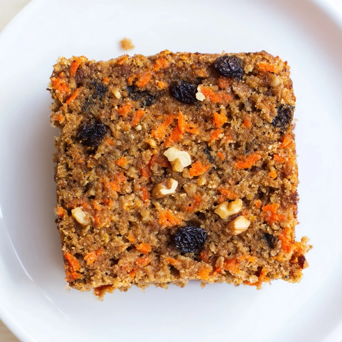 Gluten-free carrot cake made with oats featuring a tender crumb and grated carrot specks