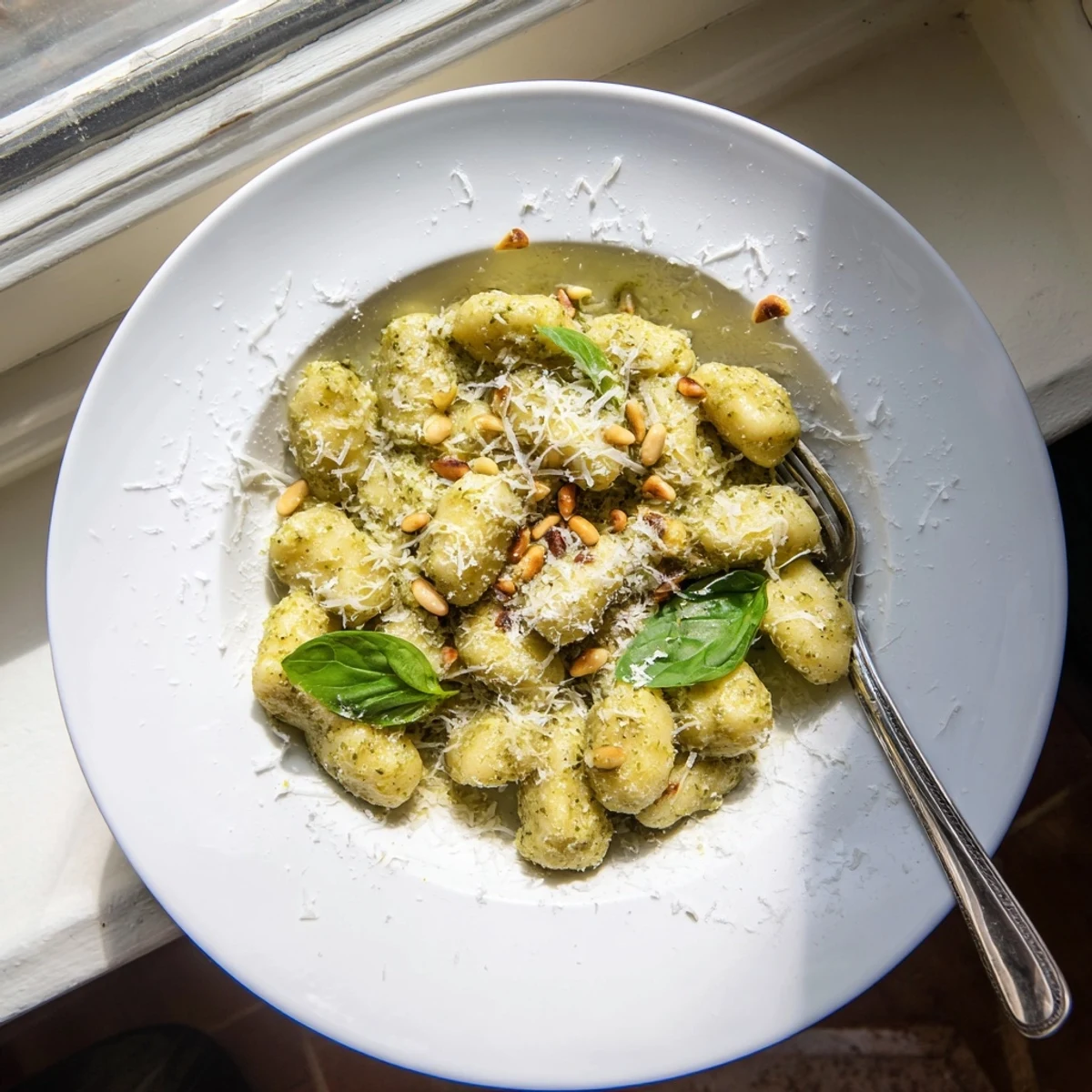 Golden potato gnocchi coated in vibrant green basil pesto cream sauce