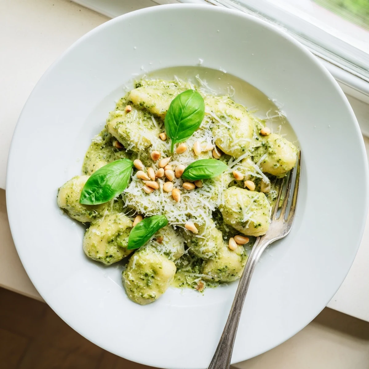 Creamy pesto gnocchi garnished with fresh basil leaves and grated Parmesan cheese