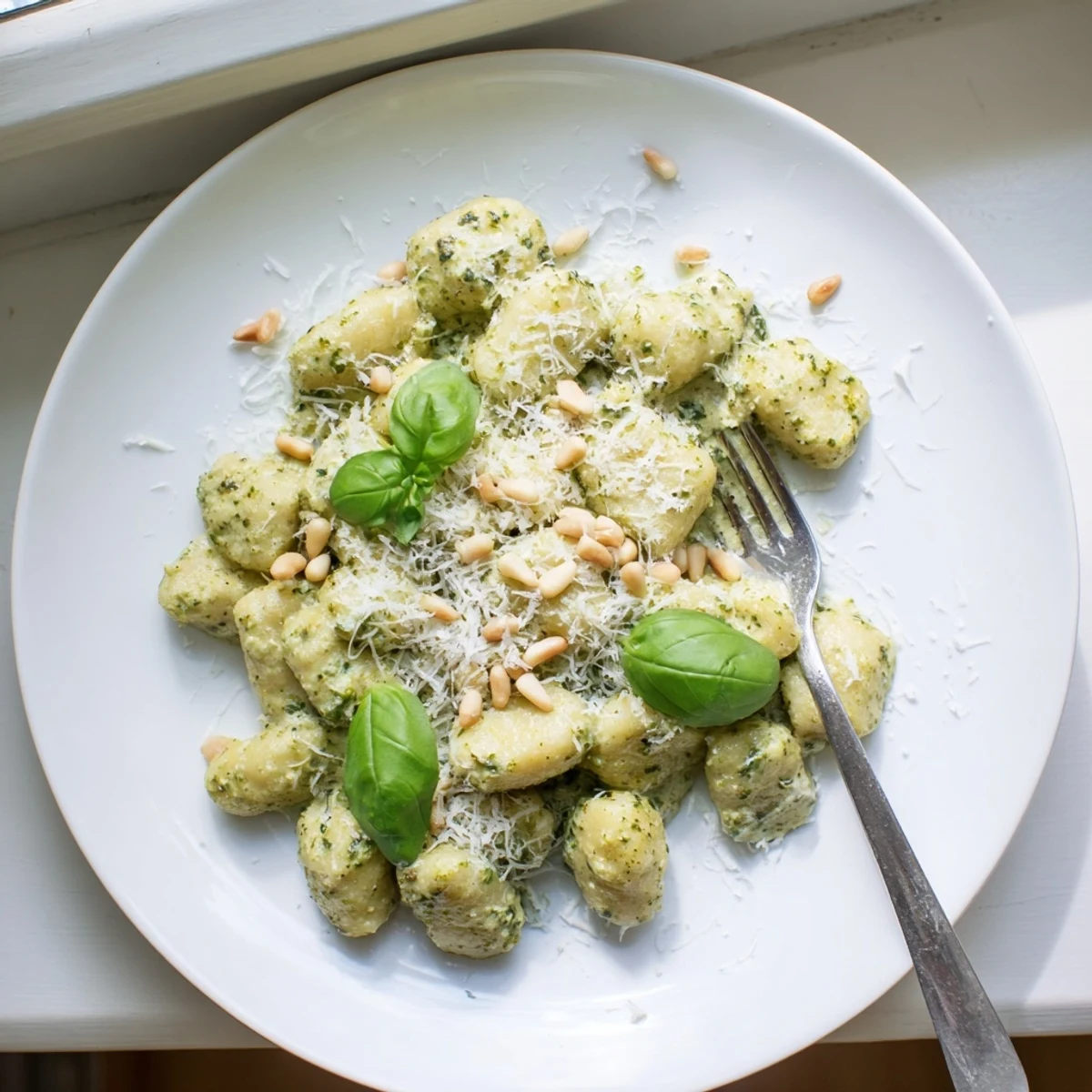 Plate of tender gnocchi tossed in rich herbaceous pesto cream with pine nuts